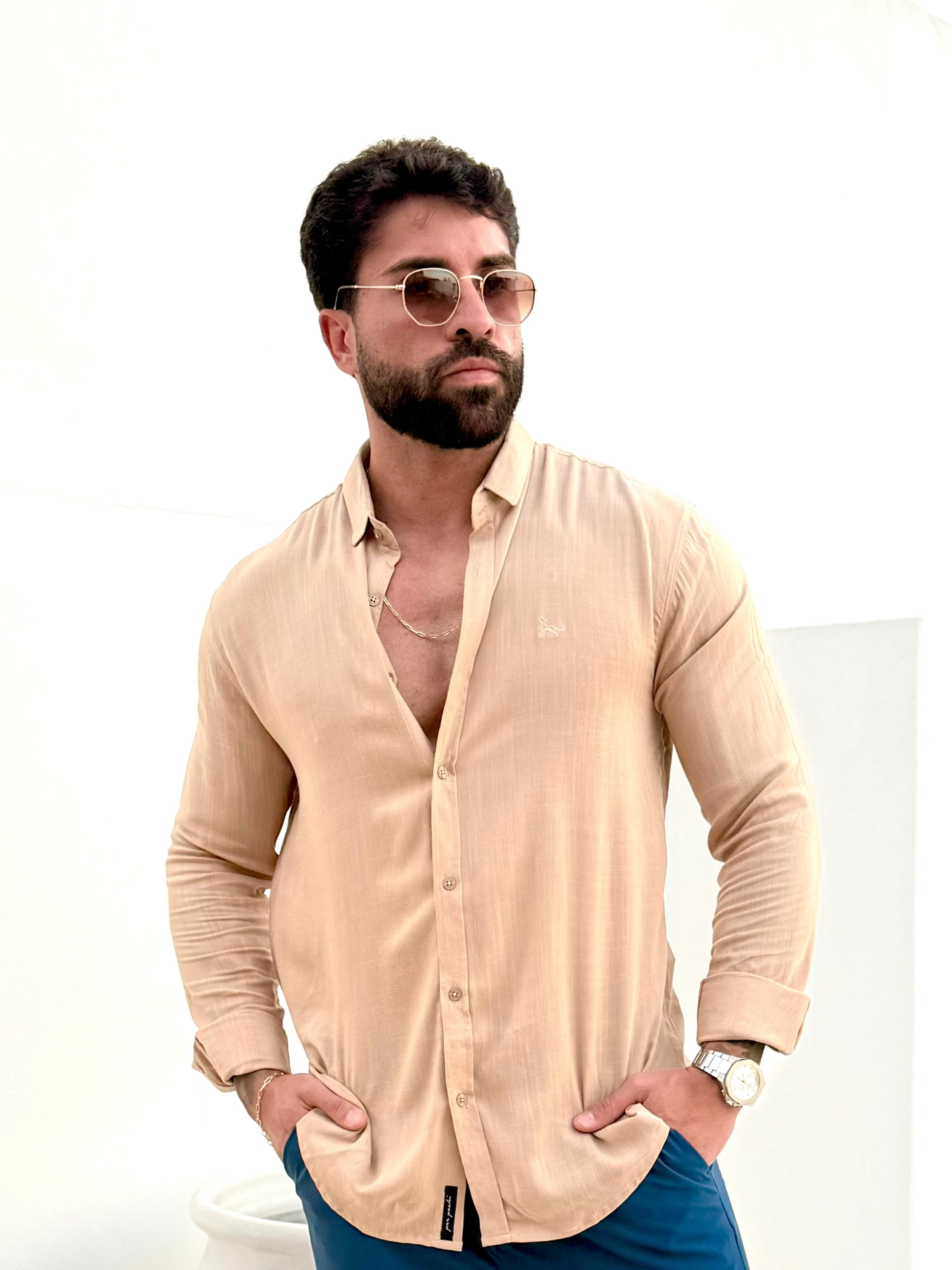 Camisa Dubai Gola Tradicional Bege Masculino - Per Pochi