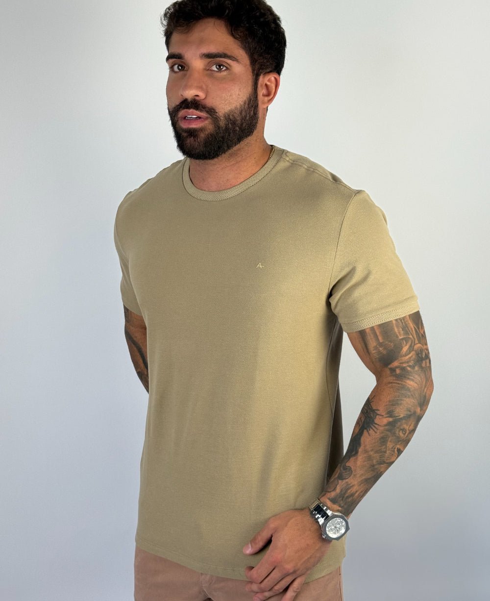 Camiseta Piquet Gola Textura Malha Regular Areia - Aramis