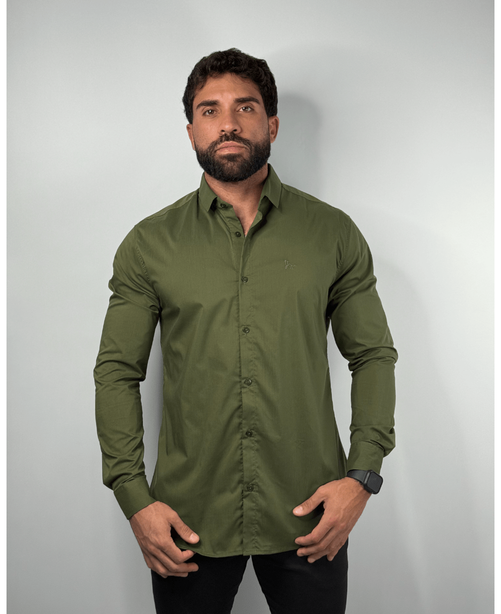 Camisa Tricoline Acetinada Verde Musgo Masculino - Per Pochi