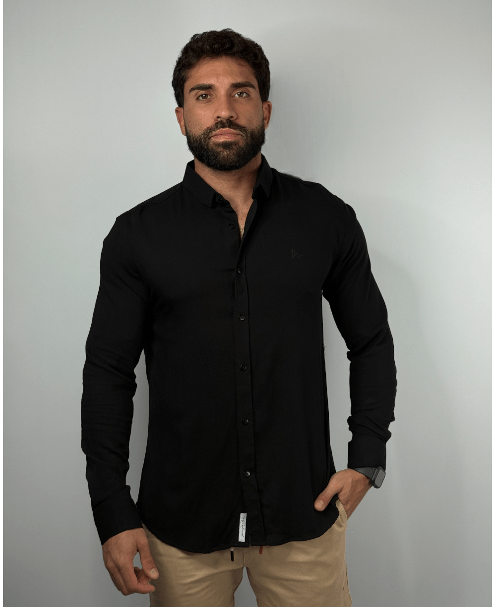 Camisa Social Dubai Gola Tradicional Preto Masculino - Per Pochi