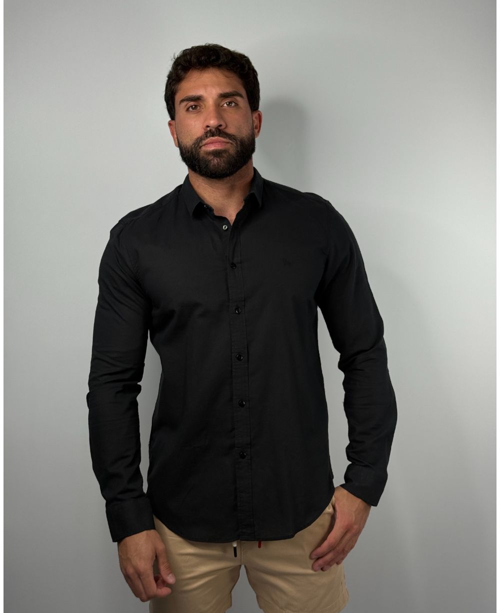 Camisa Linen Gola Tradicional Preto Masculino - Per Pochi