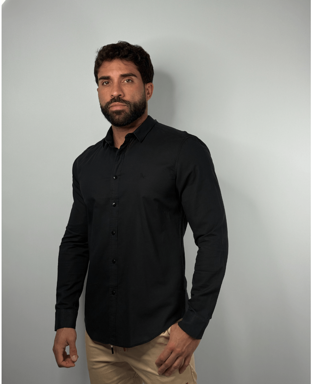 Camisa Linen Gola Tradicional Preto Masculino - Per Pochi