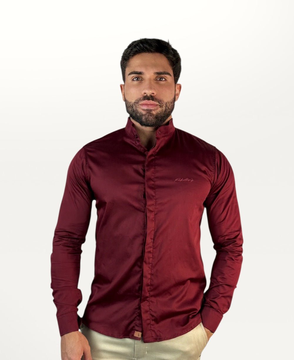 Camisa Social Vinho Masculina Gola Padre Acetinada - Paladhos