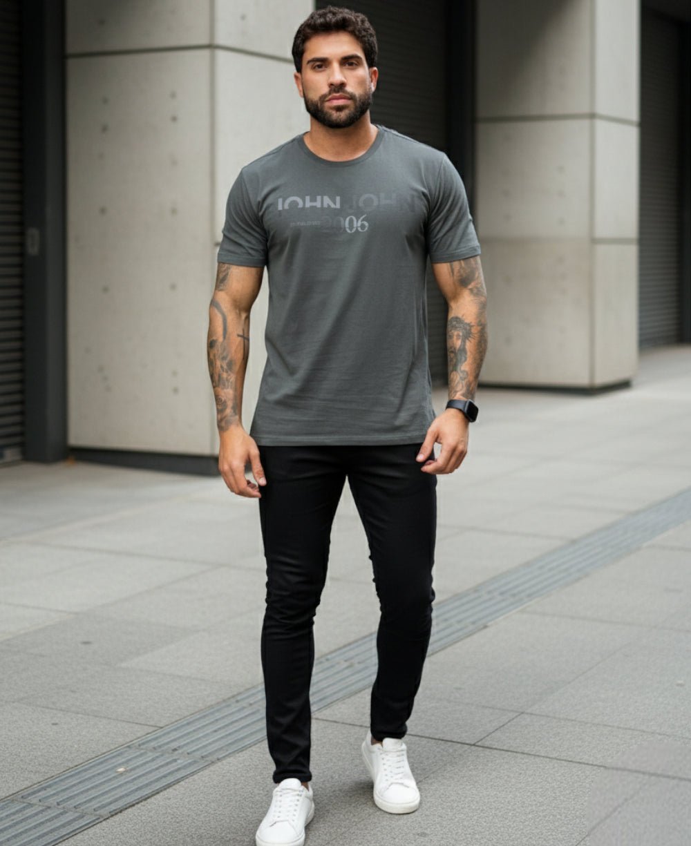 Camiseta Rg Fit Double Stripes cinza Medio Masculino - John