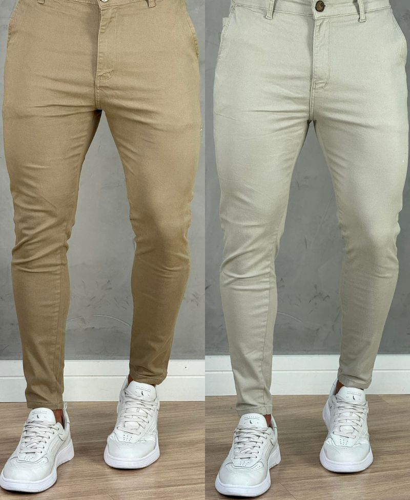 Kit 2 Calças Alfaiataria Sarja Areia e Caqui Masculino Super Skinny - Codi Jeans