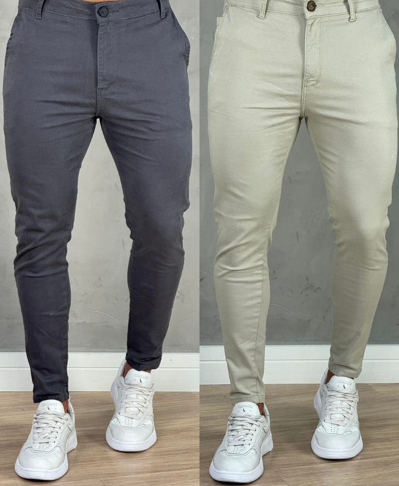 Kit 2 Calças Alfaiataria Sarja Areia e Chumbo Masculino Super Skinny - Codi Jeans