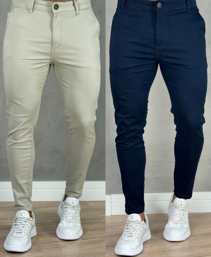 Kit 2 Calças Alfaiataria Sarja Azul e Areia Masculino Super Skinny - Codi Jeans