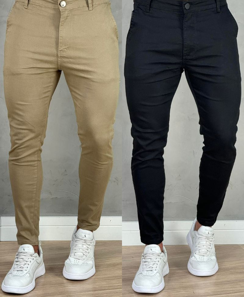 Kit 2 Calças Alfaiataria Sarja Preta e Caqui Masculino Super Skinny - Codi Jeans