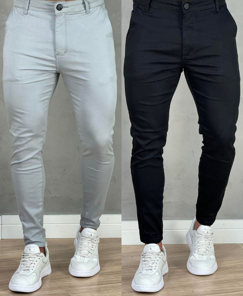 Kit 2 Calças Alfaiataria Sarja Preta e Cinza Masculino Super Skinny - Codi Jeans