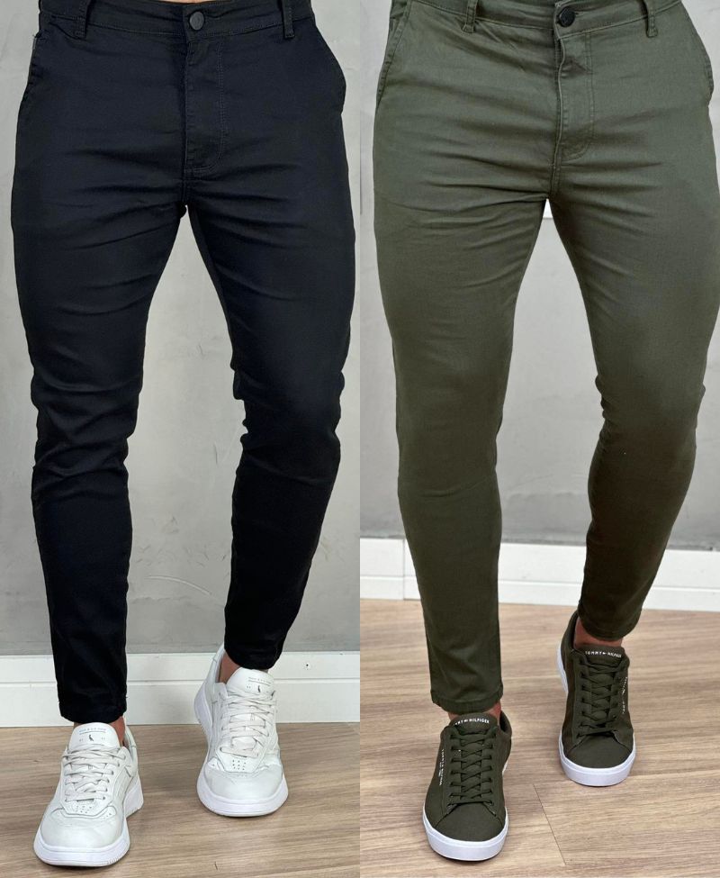 Kit 2 Calças Alfaiataria Sarja Preto e Verde Masculino Super Skinny - Codi Jeans