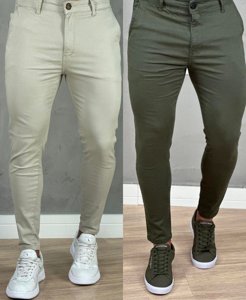 Kit 2 Calças Alfaiataria Sarja Verde e Areia Masculino Super Skinny - Codi Jeans