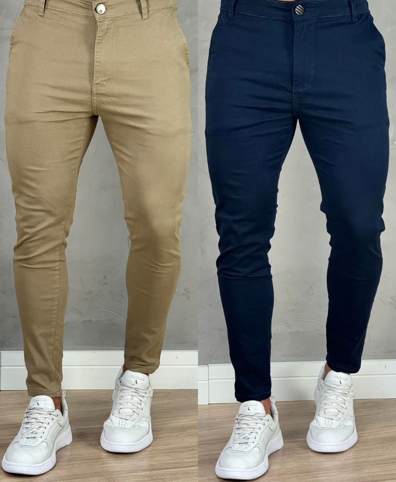 Kit 2 Calças Alfaiataria Sarja Azul e Caqui Masculino Super Skinny - Codi Jeans