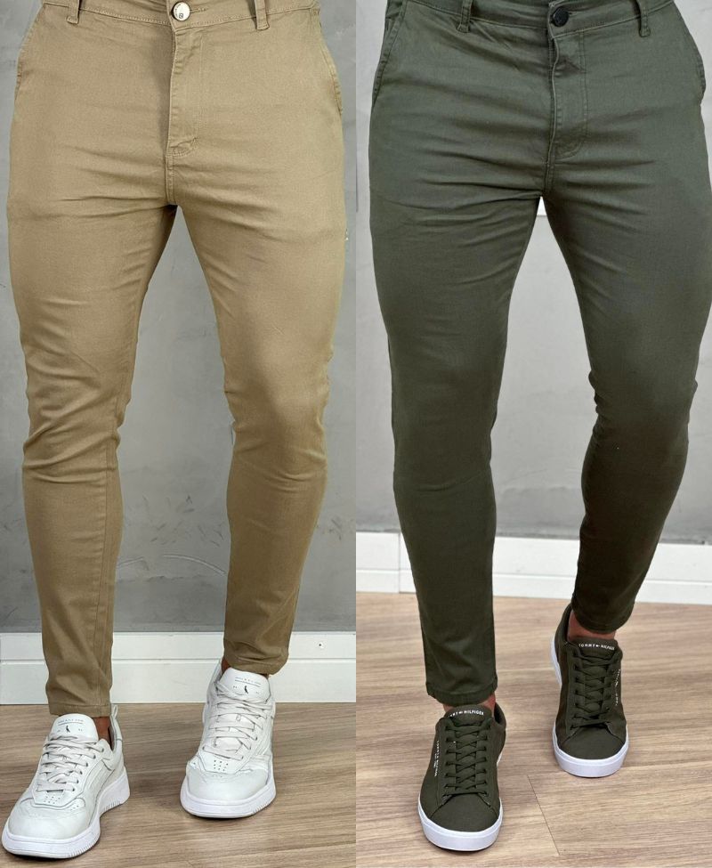 Kit 2 Calças Alfaiataria Sarja Verde e Caqui Masculino Super Skinny - Codi Jeans