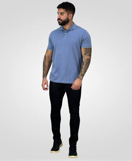 Camisa Polo Azul Índigo Masculina Gola Frisos - Aramis