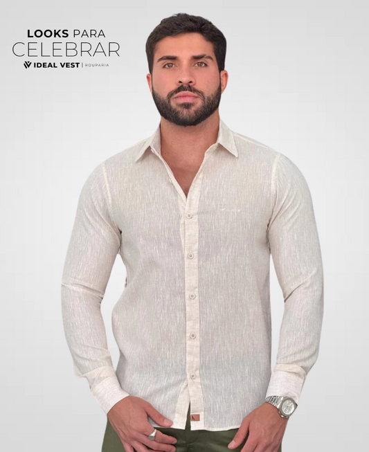 Camisa Social Areia Masculina Básica Linho - Paladho's Jeans Wear