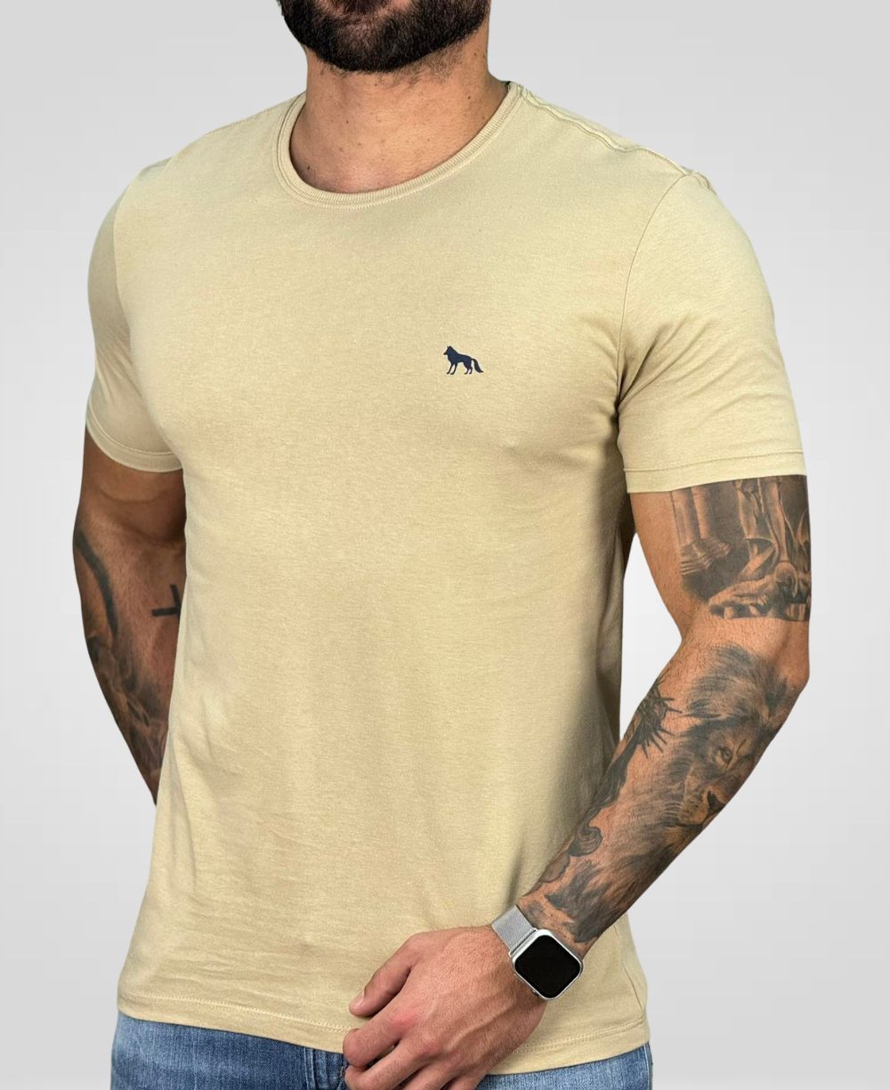 Camiseta Bege Casual Masculina Lobo Costas - Acostamento