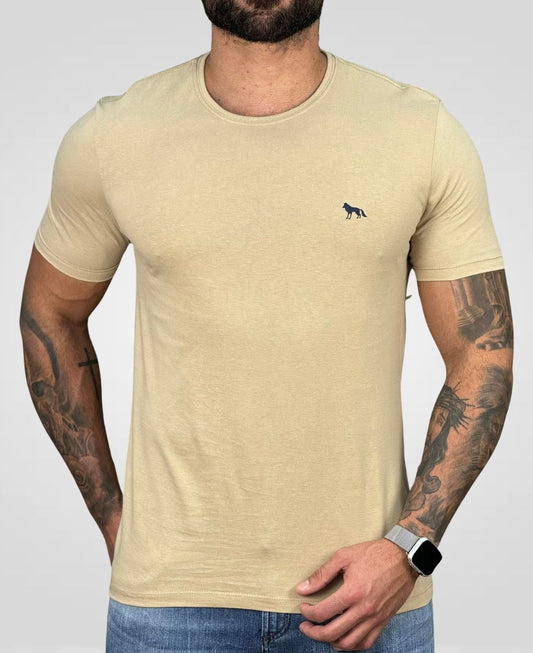 Camiseta Bege Casual Masculina Lobo Costas - Acostamento