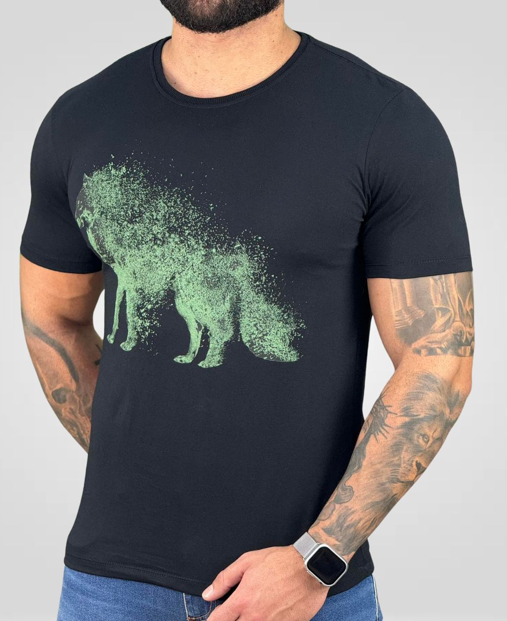 Camiseta Preta Casual Masculina Wolf Brush - Acostamento