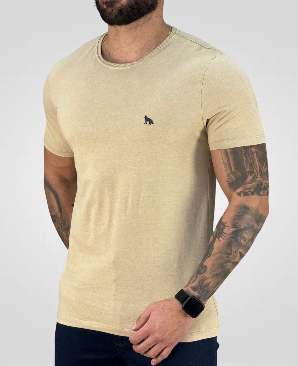 Camiseta Bege Casual Masculina Wolf - Acostamento