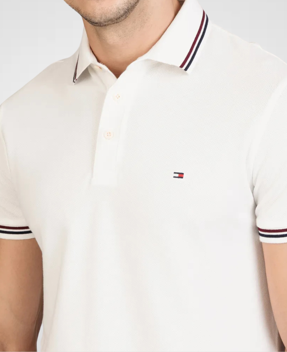 Camisa Polo Branca Friso e Detalhe Na Manga Slim - Tommy Hilfiger