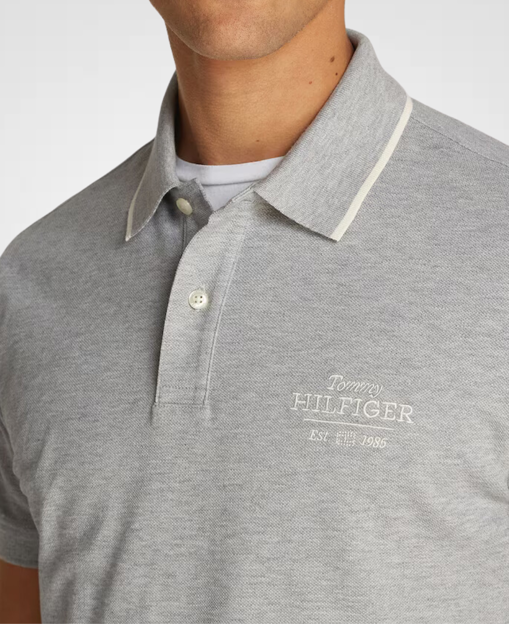 Camisa Polo Cinza Claro 1985 Com Friso Slim - Tommy Hilfiger