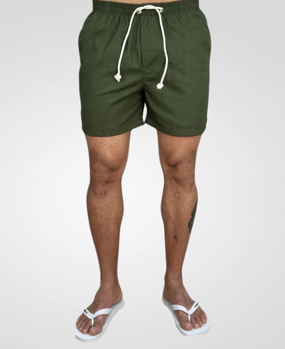 Shorts de Linho Verde Militar Masculina Lisa  - Afri.co