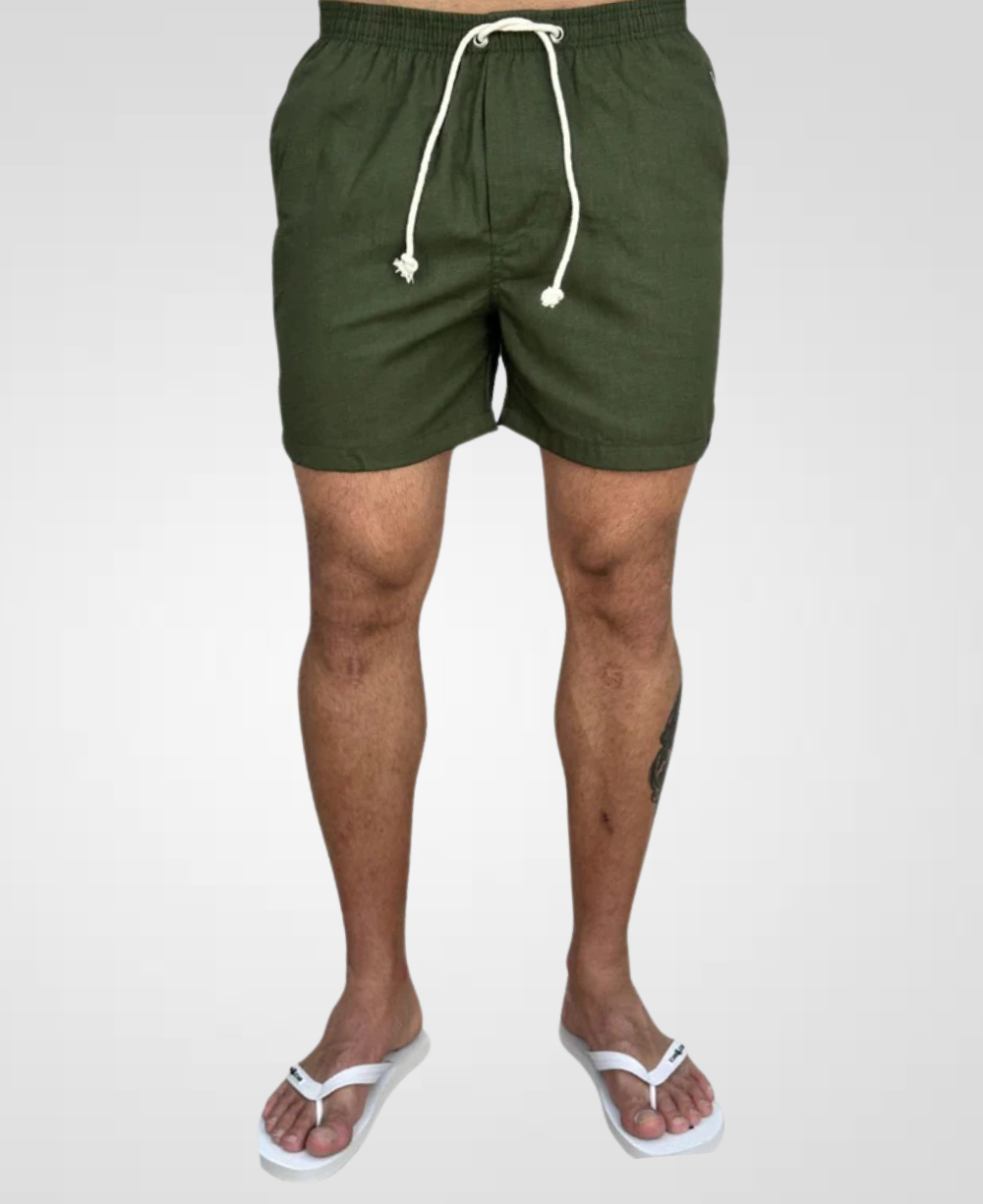 Shorts de Linho Verde Militar Masculina Lisa  - Afri.co