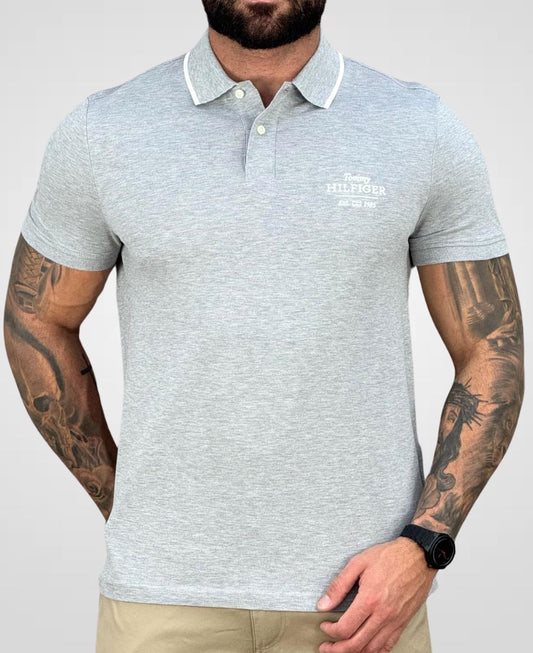 Camisa Polo Cinza Claro 1985 Com Friso Slim - Tommy Hilfiger