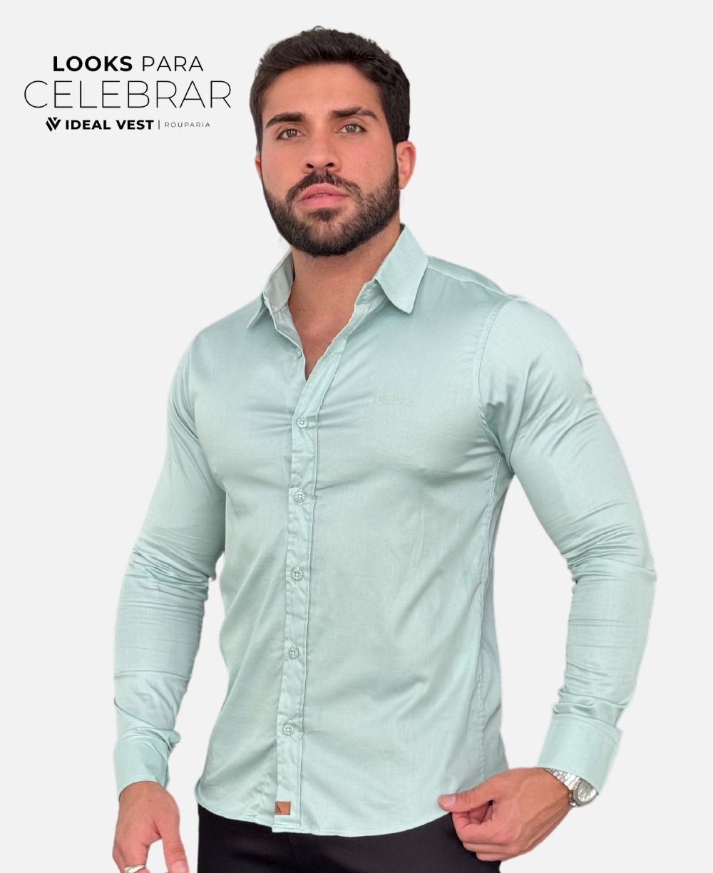 Camisa Social Verde Menta Básica Acetinada - Paladho's Jeans Wear