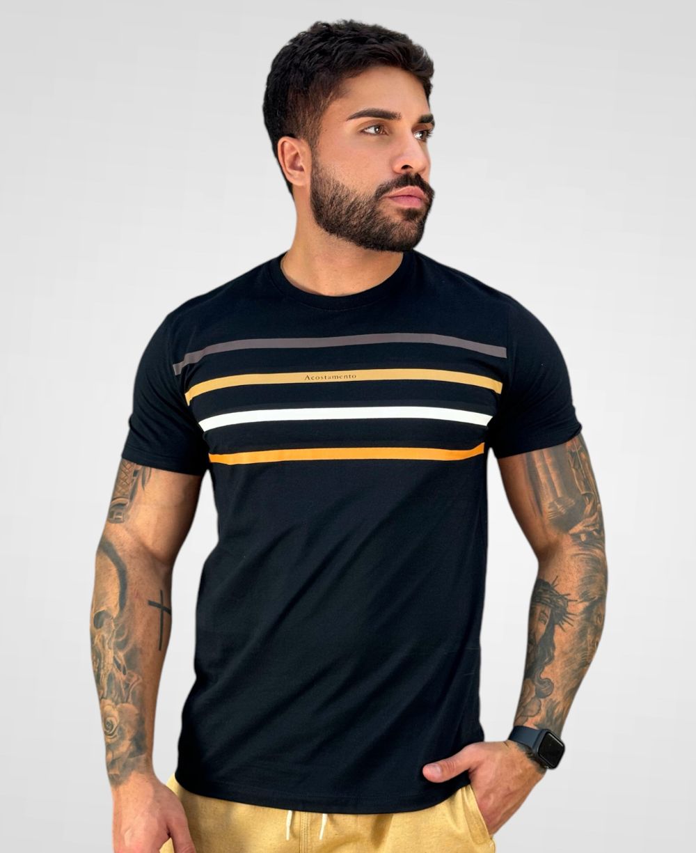 Camiseta Preta Casual Masculina Colored Lines - Acostamento