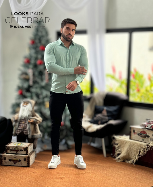 Camisa Social Verde Menta Básica Acetinada - Paladho's Jeans Wear