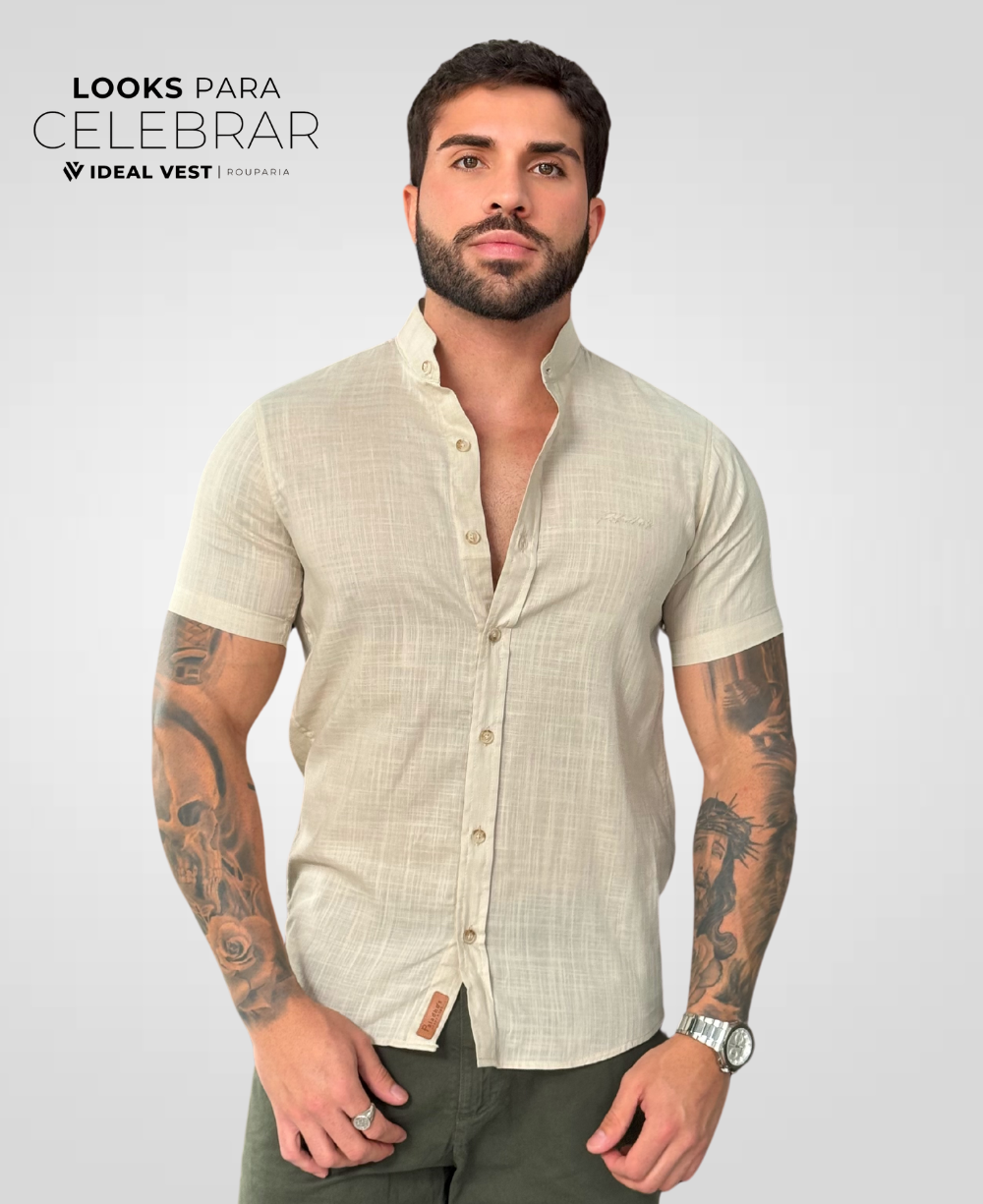 Camisa Social Caqui Claro Manga Curta Masculina Básica - Paladho's Jeans Wear