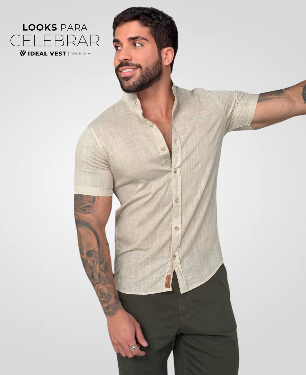 Camisa Social Caqui Claro Manga Curta Masculina Básica - Paladho's Jeans Wear