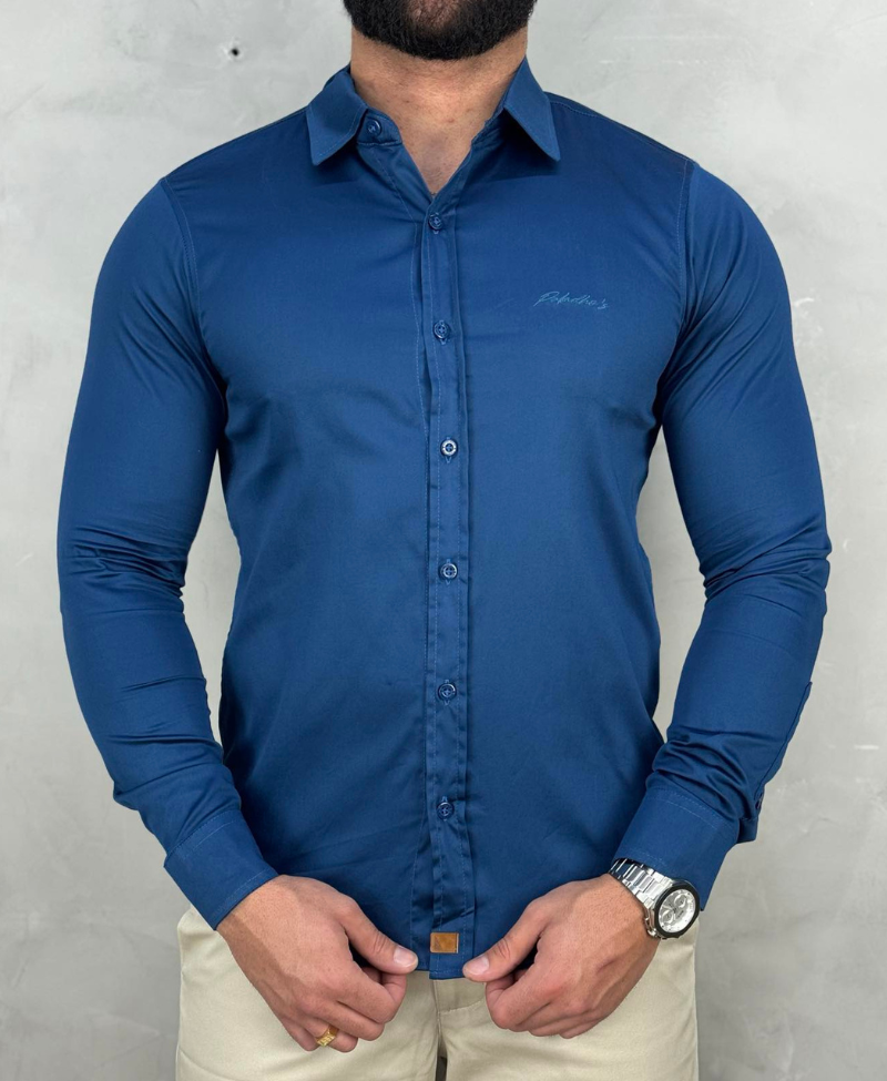 Camisa Social Azul Masculina Básica Acetinada - Paladho's Jeans Wear