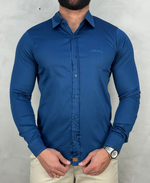 Camisa Social Azul Masculina Básica Acetinada - Paladho's Jeans Wear