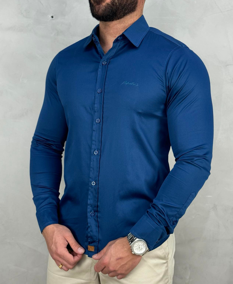 Camisa Social Azul Masculina Básica Acetinada - Paladho's Jeans Wear