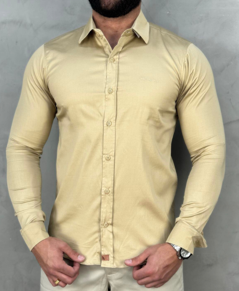 Camisa Social Caqui Masculina Básica Acetinada - Paladho's Jeans Wear