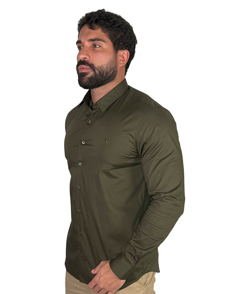 Camisa Social Verde Musgo Masculina Enxuto Elastano Manga Longa - Reserva