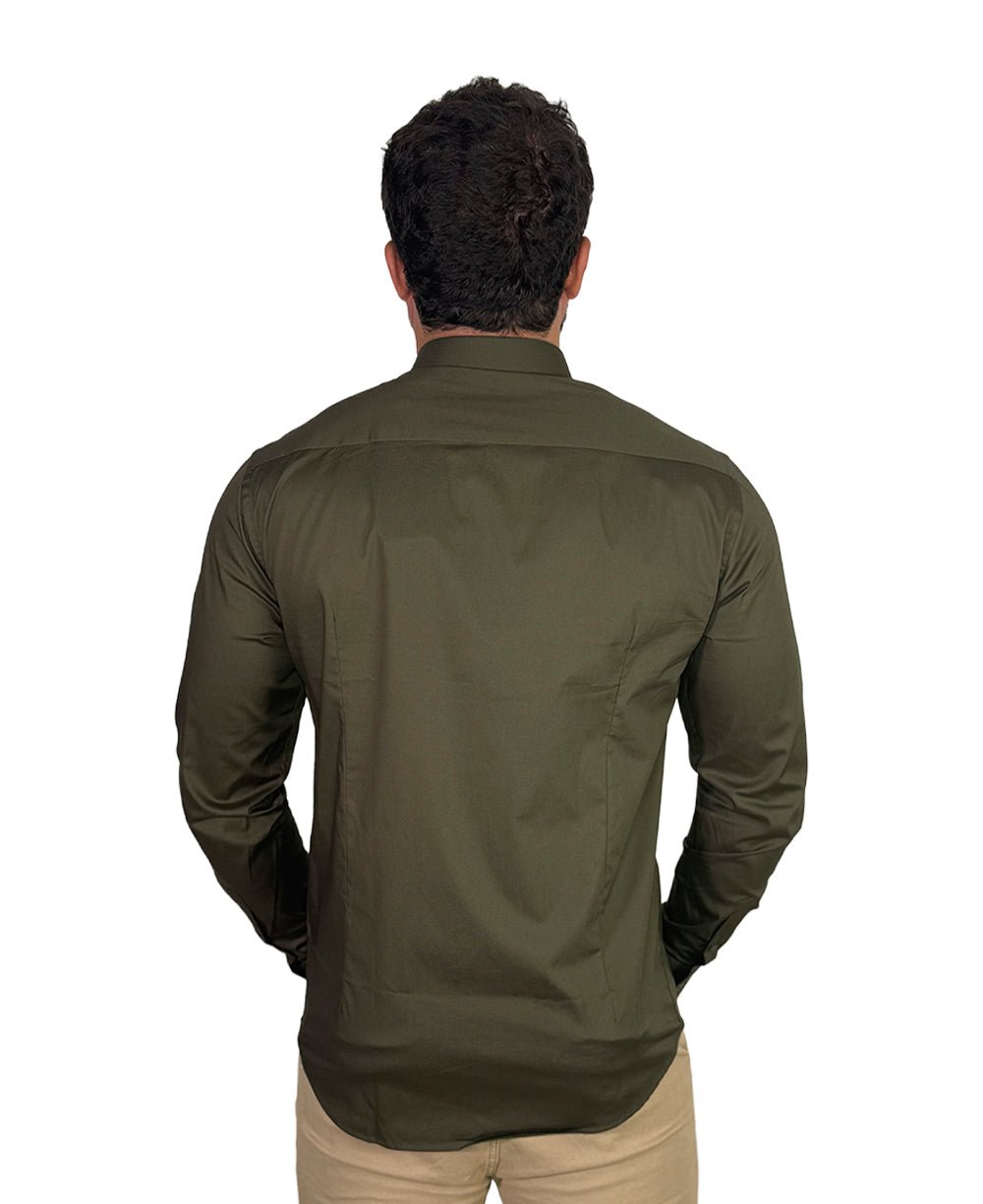 Camisa Social Verde Musgo Masculina Enxuto Elastano Manga Longa - Reserva