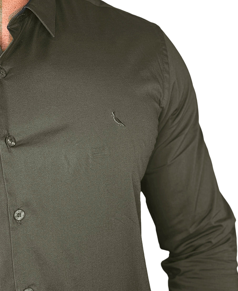 Camisa Social Verde Musgo Masculina Enxuto Elastano Manga Longa - Reserva