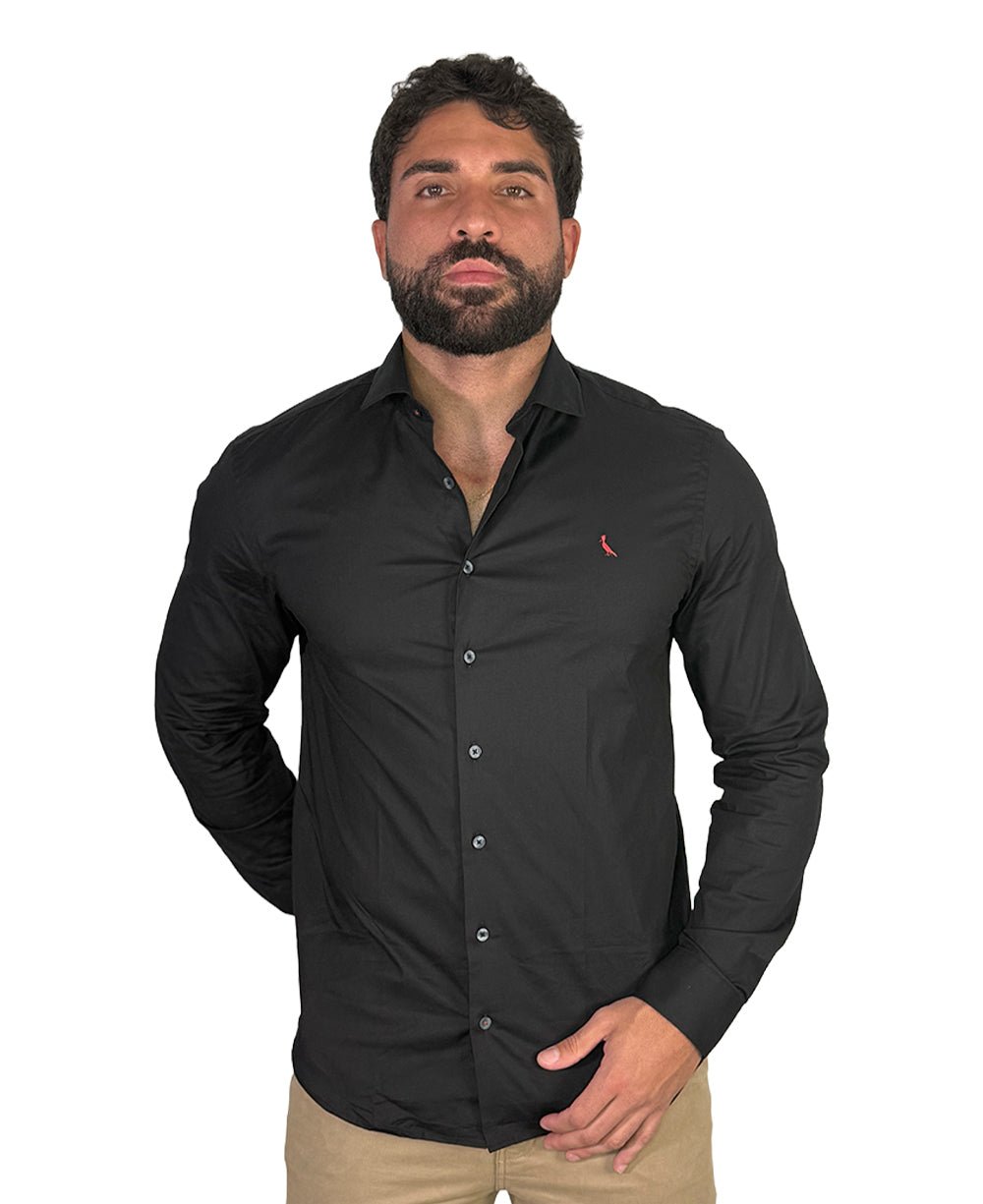 Camisa Social Preta Masculina Manga Longa Enxuto Elastano - Reserva