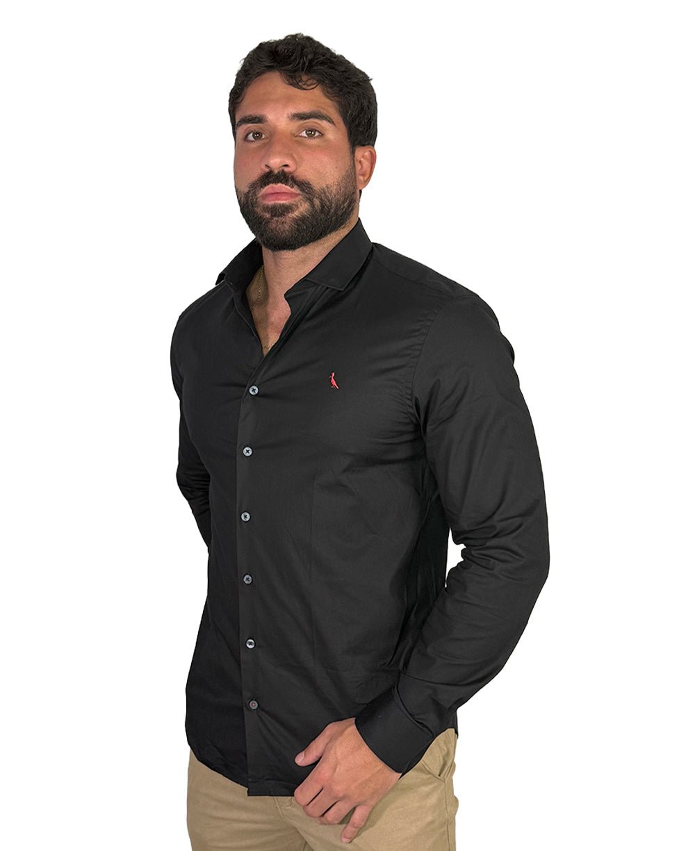 Camisa Social Preta Masculina Manga Longa Enxuto Elastano - Reserva