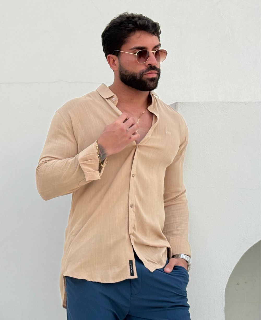Camisa Manga Longa Bege Masculino Viscolinho - Per Pochi