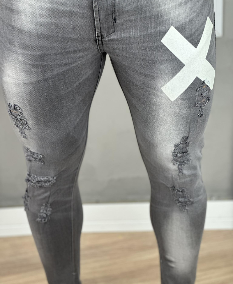 Calça Jeans Cinza Masculina Destroyed Com Desenho em Silk Refletivo - Jay Jones