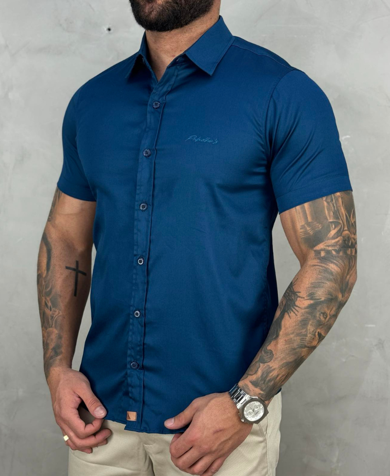 Camisa Social Azul Manga Curta Básica Acetinada - Paladho's Jeans Wear