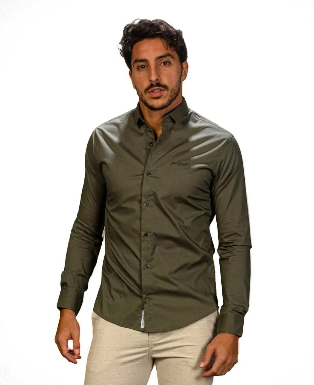 Camisa Tricoline Acetinada Verde Musgo Masculino - Per Pochi