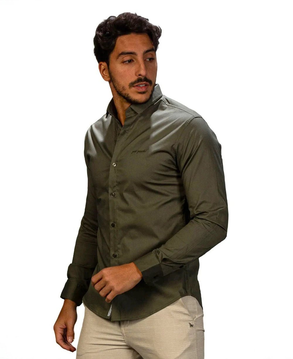 Camisa Tricoline Acetinada Verde Musgo Masculino - Per Pochi