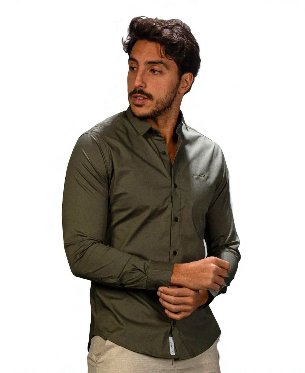 Camisa Tricoline Acetinada Verde Musgo Masculino - Per Pochi
