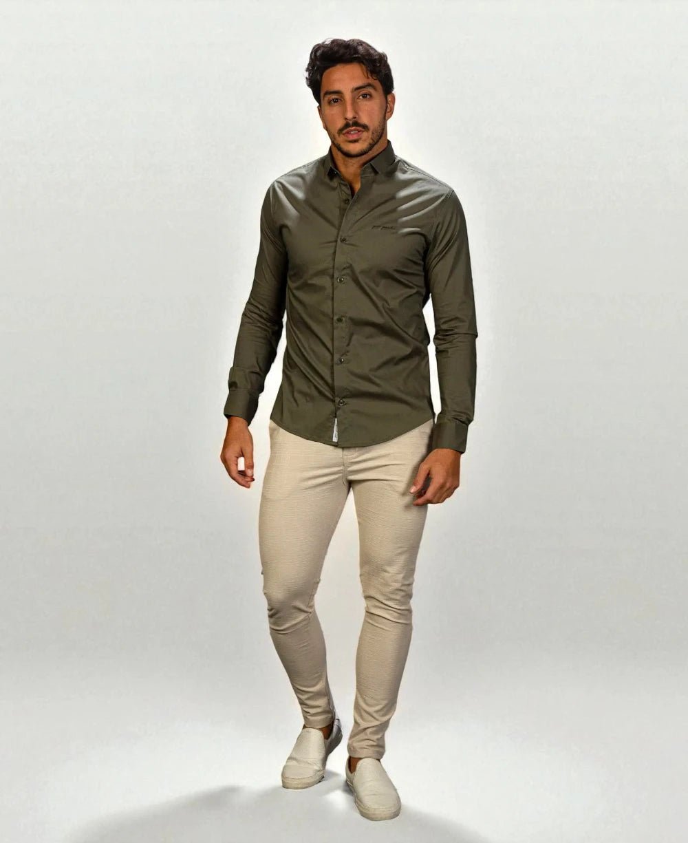 Camisa Tricoline Acetinada Verde Musgo Masculino - Per Pochi