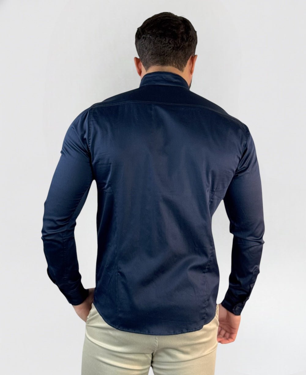 Camisa Social Azul Marinho Gola Padre Acetinada - Paladhos